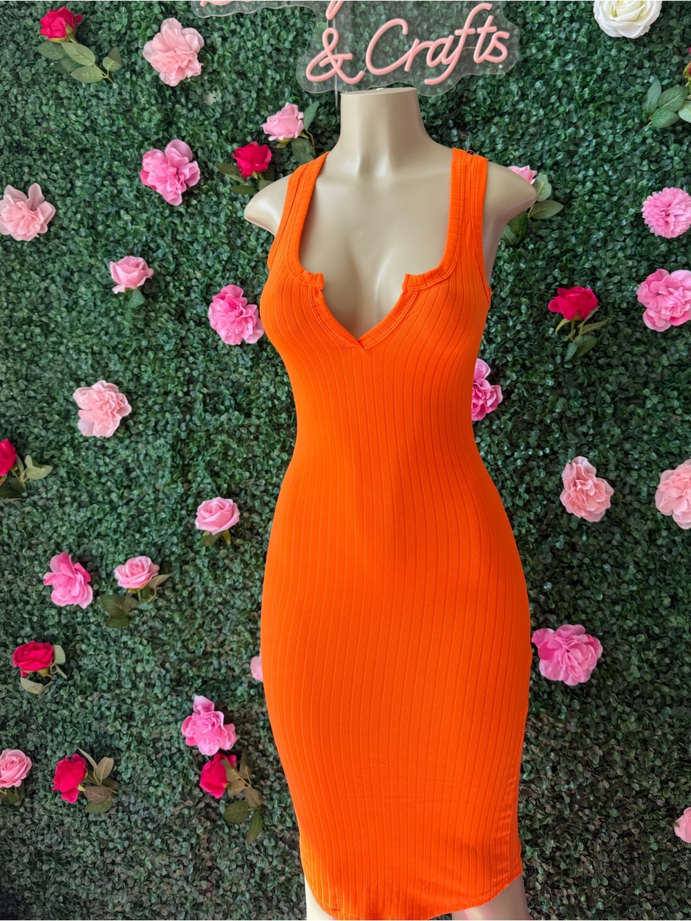 Sleeveless Orange Ribbed Midi Dress - Bodycon V-Notch